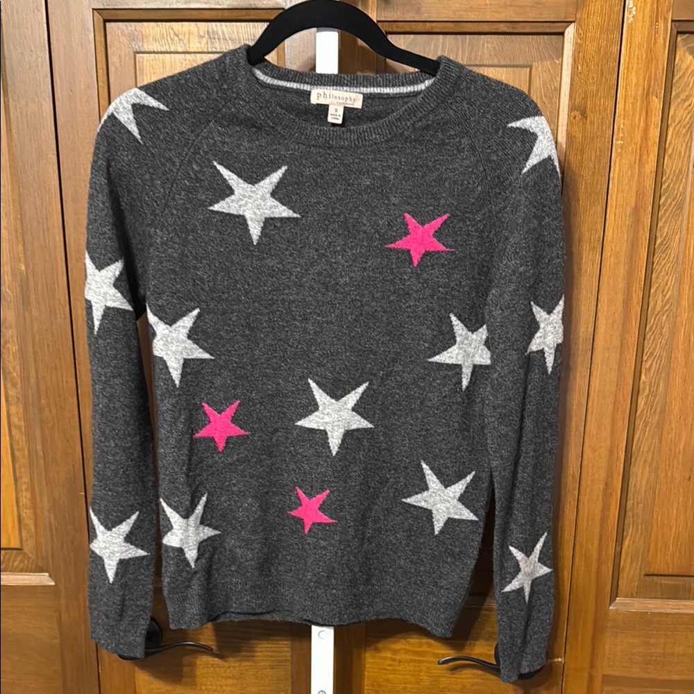 Philosophy Cashmere Gray and Pink Star Crew Neck Sweater